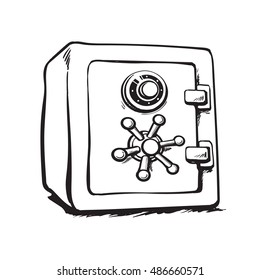Metal bank safe. Black and white hand drawn vector illustration in sketch style. Closed safe isolated on white background.