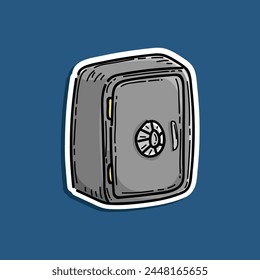 Metal bank safe deposit box vector icon in a sticker style. Closed safe isolated on a blue colored background. Vector illustration design