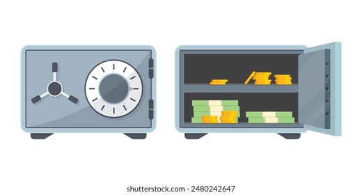 Metal bank safe icon in flat style. Money vault vector illustration on isolated background. Storage sign business concept.