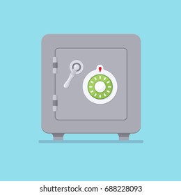 Metal bank safe icon isolated on a colored background. Closed steel safe in a flat style. Symbol of prevention and accumulation. Treasury concept. Cartoon style. Vector illustration.