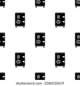 Metal bank safe seamless pattern. Black closed safe on white background. Money saving, closed steel safe. reliable protection. Monochromatic texture in flat style, decoration. vector illustration