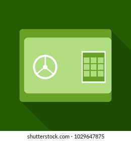 Metal bank safe vector icon in a flat style. Closed safe isolated on a colored background. Concept of the icon safe shadow at the bottom. Simple illustration of the safe.