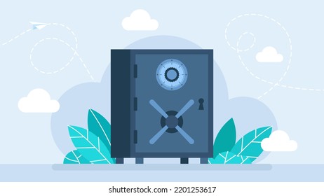 Metal bank safe vector icon in a flat style. Secure boxes with code locks. Closed safe isolated on a colored background. Gold and money protection. Flat style. Vector illustration