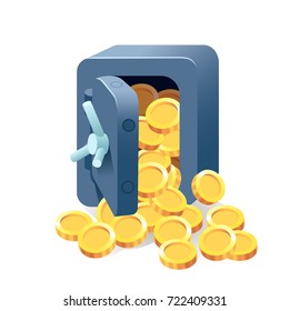 Metal bank safe vector icon in a flat style. Safe isolated on a transparent background. Concept safe filled with money, gold, coins. Casino and money. Dollars, gold coins in box deposit and moneybag.