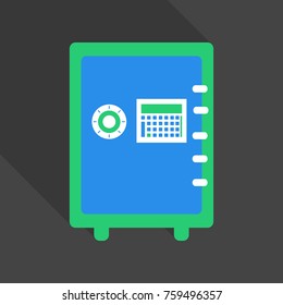 Metal bank safe vector icon in a flat style. Closed safe isolated on a colored background. Concept of the icon safe shadow at the bottom. Simple illustration of the safe.