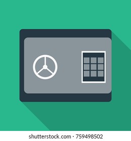Metal bank safe vector icon in a flat style. Closed safe isolated on a colored background. Concept of the icon safe shadow at the bottom. Simple illustration of the safe.