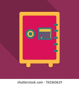 Metal bank safe vector icon in a flat style. Closed safe isolated on a colored background. Concept of the icon safe shadow at the bottom. Simple illustration of the safe.