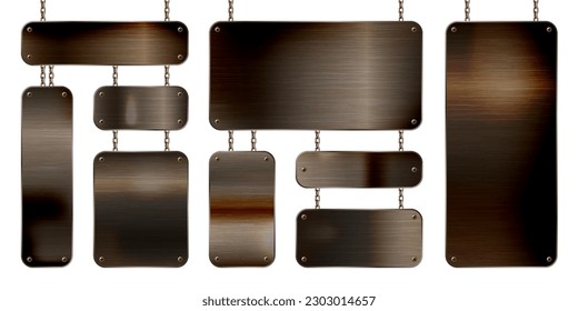 Metal banners hanging on a chain. Realistic shiny steel plate with screws. Polished rusty metal surface. Vector illustration