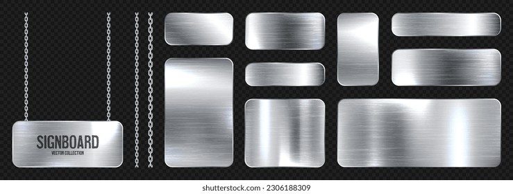 Metal banners hanging on a chain. Realistic shiny steel plate with screws. Polished silver metal surface. Vector illustration