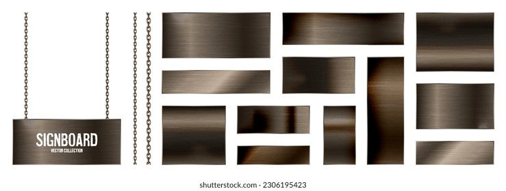 Metal banners hanging on a chain. Realistic shiny steel plate with screws. Polished rusty metal surface. Vector illustration