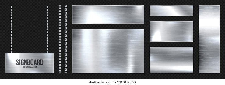 Metal banners hanging on a chain. Realistic shiny steel plate with screws. Polished silver metal surface. Vector illustration