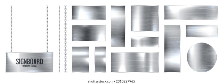 Metal banners hanging on a chain. Realistic shiny steel plate with screws. Polished silver metal surface. Vector illustration