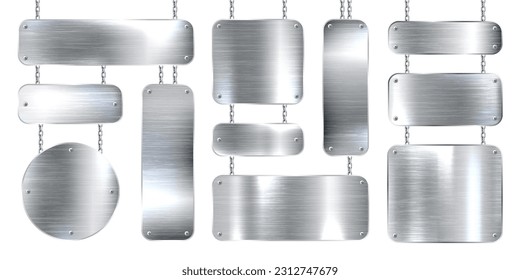Metal banners hanging on a chain. Realistic shiny steel plate with screws. Polished silver metal surface. Vector illustration