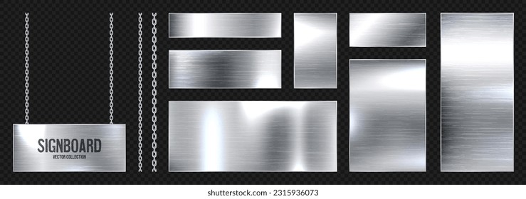 Metal banners hanging on a chain. Realistic shiny steel plate with screws. Polished silver metal surface. Vector illustration