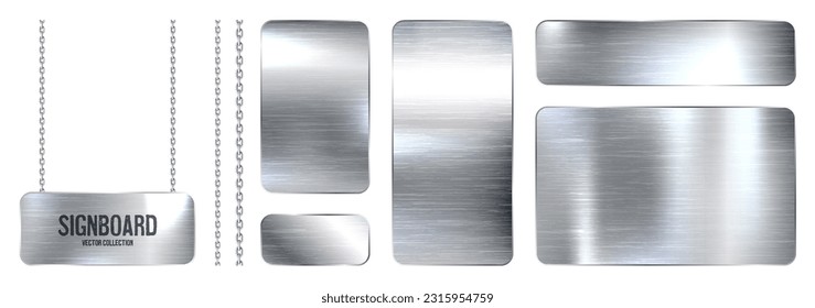 Metal banners hanging on a chain. Realistic shiny steel plate with screws. Polished silver metal surface. Vector illustration