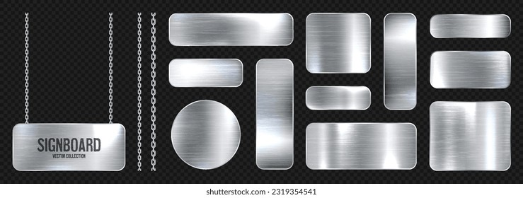 Metal banners hanging on a chain. Realistic shiny steel plate with screws. Polished silver metal surface. Vector illustration