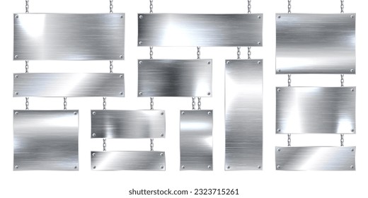 Metal banners hanging on a chain. Realistic shiny steel plate with screws. Polished silver metal surface. Vector illustration