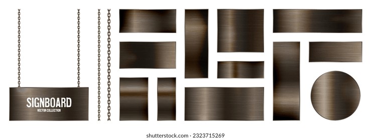 Metal banners hanging on a chain. Realistic shiny steel plate with screws. Polished rusty metal surface. Vector illustration