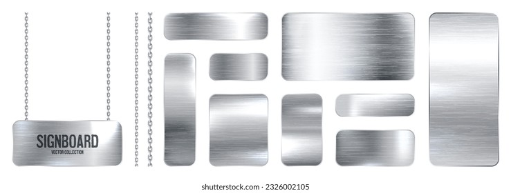 Metal banners hanging on a chain. Realistic shiny steel plate with screws. Polished silver metal surface. Vector illustration