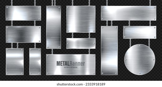 Metal banners hanging on a chain. Realistic shiny steel plate with screws. Polished silver metal surface. Vector illustration
