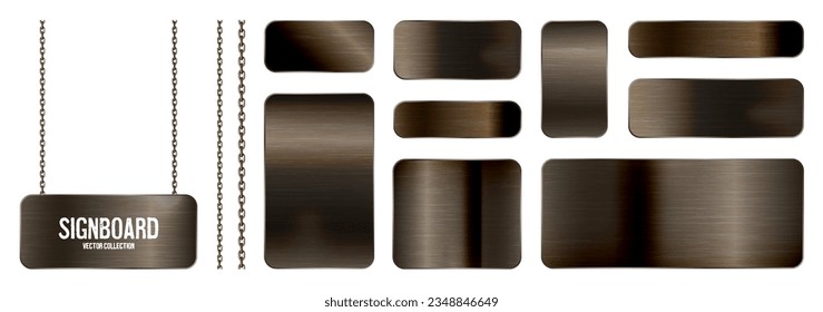 Metal banners hanging on a chain. Realistic shiny steel plate with screws. Polished rusty metal surface. Vector illustration