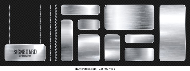 Metal banners hanging on a chain. Realistic shiny steel plate with screws. Polished silver metal surface. Vector illustration