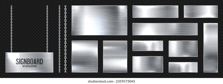 Metal banners hanging on a chain. Realistic shiny steel plate with screws. Polished silver metal surface. Vector illustration