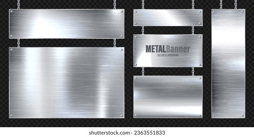 Metal banners hanging on a chain. Realistic shiny steel plate with screws. Polished silver metal surface. Vector illustration