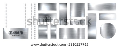 Metal banners hanging on a chain. Realistic shiny steel plate with screws. Polished silver metal surface. Vector illustration