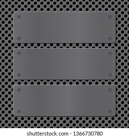 Metal banners or headers on perforated  steal background with rivets, set of three metallic plates, vector illustration
