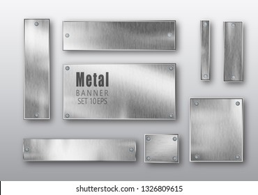 Metal banners set realistic. Vector Metal brushed plates with a place for inscriptions isolated on transparent background. Realistic 3D design. Stainless steel background svg