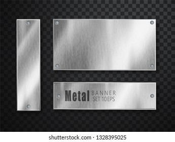 Metal banners set realistic. Vector Metal brushed plates with a place for inscriptions isolated on transparent background. Realistic 3D design. Stainless steel background