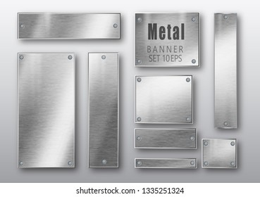 Metal banners set realistic. Vector Metal brushed plates with a place for inscriptions isolated on transparent background. Realistic 3D design. Stainless steel background