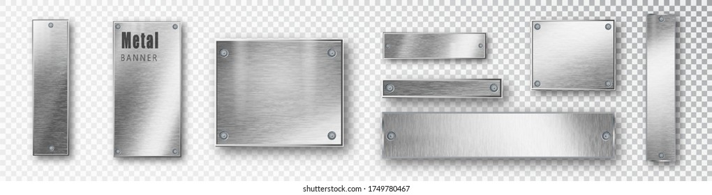 Metal banners set realistic. Vector Metal brushed plates with a place for inscriptions isolated on transparent background. Realistic 3D design. Stainless steel background