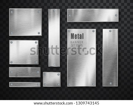 Metal banners set realistic. Vector Metal brushed plates with a place for inscriptions isolated on transparent background. Realistic 3D design. Stainless steel background