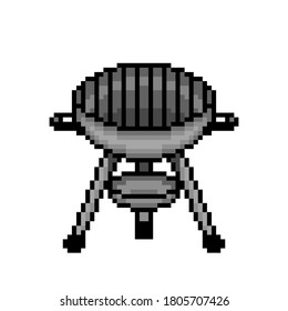 Metal barbecue kettle grill, pixel art icon isolated on white background. BBQ party equipment. Summer outdoor activity. Picnic food. 8 bit vintage retro slot machine/video game graphics.