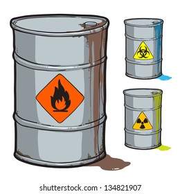  metal barrel with flammable oil and barrels with radioactive, biohazard waste