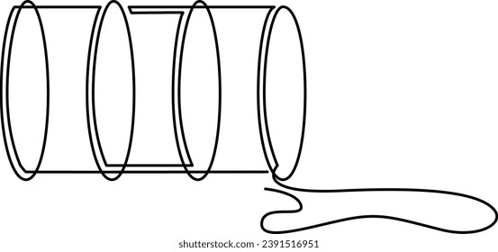 Metal barrel with leaking liquid. Continuous line drawing. Vector illustration.