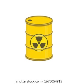 Metal barrel with radiation sign. Toxic refuse, Chemical waste yellow keg. Poisonous liquid cask. Radioactive garbage emissions, environmental pollution concept. Vector illustration in flat style.