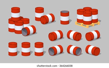 Metal barrels. 3D lowpoly isometric vector illustration. The set of objects isolated against the grey background and shown from different sides
