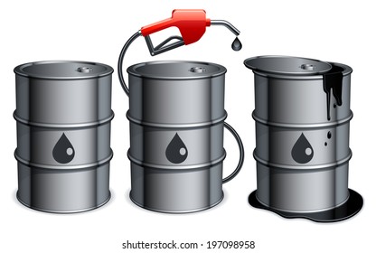 Metal barrels with gas pump and spilled oil.