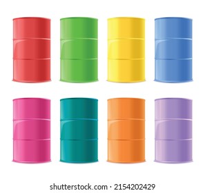 Metal barrels templates set in various color, realistic 3D vector illustration isolated on white background. Industrial barrel containers for oil and chemicals.