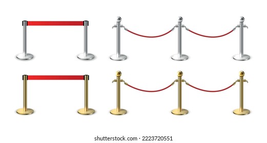 Metal barrier fence with ribbon realistic set of isolated images with golden and silver posts strings vector illustration