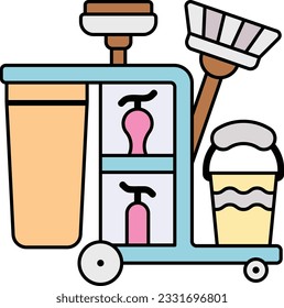 Metal basket on wheels carrying different types of Cleaning Liquids and tools concept vector color design, Housekeeping symbol, Office caretaker sign, porter or cleanser equipment illustration