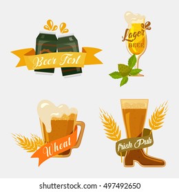 Metal beer cans and glassware mugs with foam. Alcohol beverage with ribbons for german beer festival logo or irish pub banner, english bar badge or restaurant emblem
