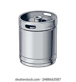 Metal beer keg isolated on the white background. Monochrome graphic vector illustration