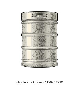 Metal beer keg. Vintage color vector engraving illustration for web, poster. Isolated on white background.