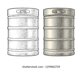 Metal beer keg. Vintage color vector engraving illustration for web, poster. Isolated on white background.