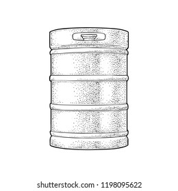 Metal beer keg. Vintage vector engraving illustration for web, poster. Isolated on white background.