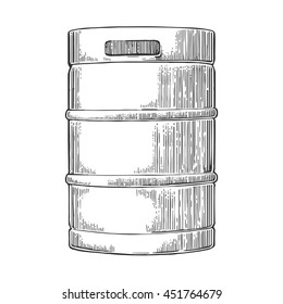 Metal beer keg. Vintage vector engraving illustration for web, poster. Isolated on white background.